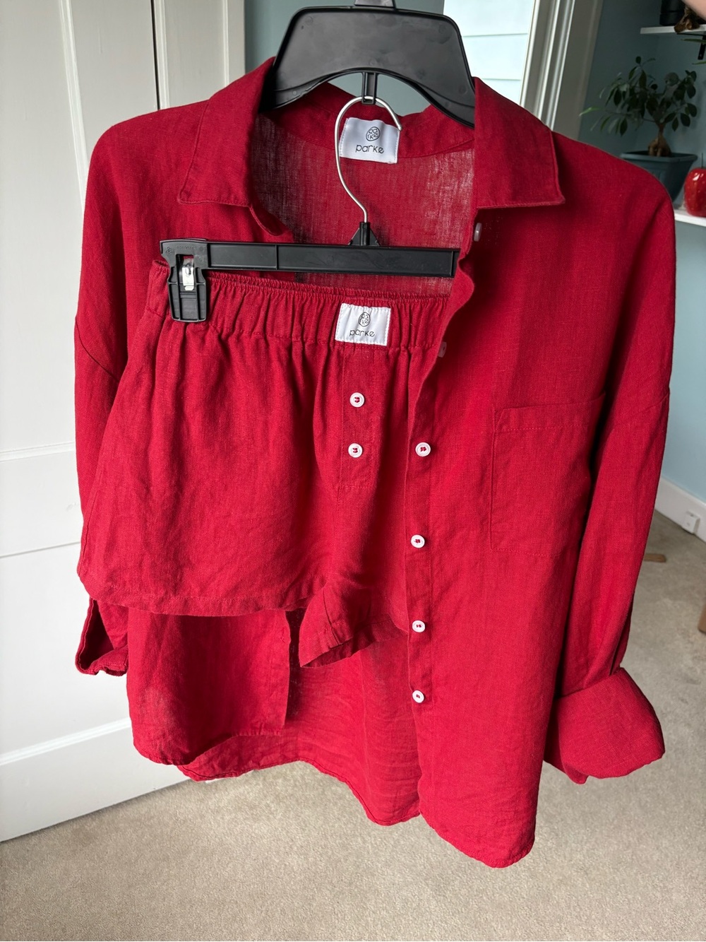 Parke 100% Linen Set Oversized Button Down Shirt & Boxer Shorts Cherry Red S/M